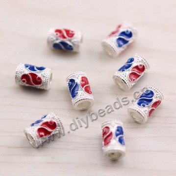 Enamel Bead, 925 Thai silver, round tube, 6*10mm, 4mm hole, multicolored, Sold per pkg of 1 bag-(5 pieces).