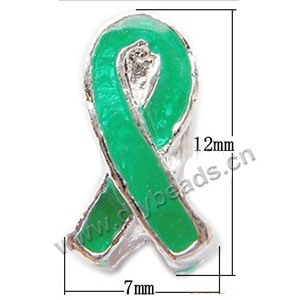 Bead, big-hole beads,silver-plated  pewter and enameled , green, 12x7mm,double-sided awareness ribbon, 4mm hole. Sold per pkg of 20ps