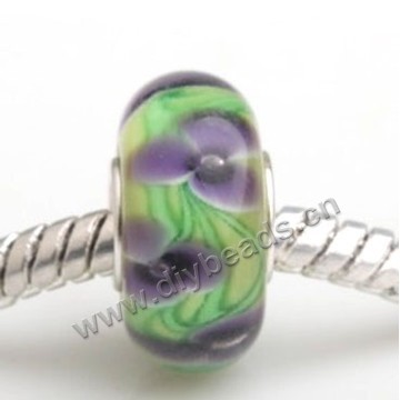 Bead, big-hole beads,Lampworked glass and 925 sterling silver grommet,green with flower,14x7mm rondelle with 4.5 mm hole,sold per pkg of 50ps