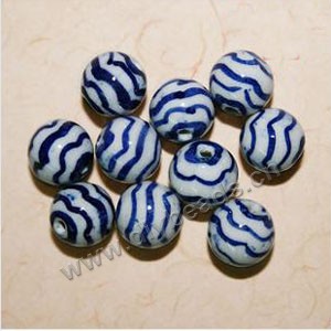 Bead, porcelain, blue/white, 10mm round with hand-painted strips. Sold per pkg of 30 beads. 