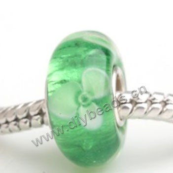 Bead, big-hole beads,Lampworked glass and 925 sterling silver grommet,green with flower,14x7mm rondelle with 4.5 mm hole,sold per pkg of 50ps