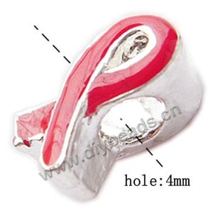 Bead, big-hole beads,silver-plated pewter and enameled , red, 12x7mm,double-sided awareness ribbon, 4mm hole. Sold per pkg of 20ps
