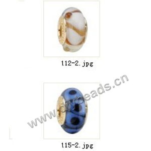 Bead,big-hole beads ,lampworked glass with brass grommets,mixed colors and designs,6x12mm-8x14mm rondelle ,4mm spiral hole,sold per pkg of 4ps