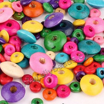 Bead,wood (dyed / waxed),mixed color, 14x6mm abacus beads with 3.5-4mm hole. Sold per pkg of 500g.