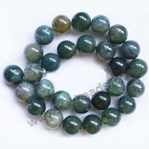 Bead, moss agate (natural), 14mm round. Sold per 15-inch strand.