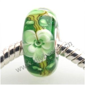 Bead, big-hole beads,Lampworked glass and silver-plated brass grommet, green with flower, 14x7mm rondelle with 4.5 mm hole,sold per pkg of 50ps