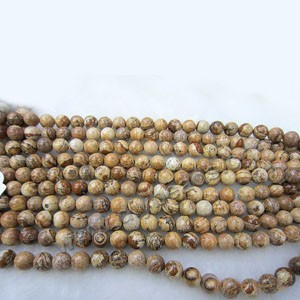 Bead, picture jasper (natural), 6mm round, Mohs hardness 6-1/2 to 7. Sold per 16-inch strands