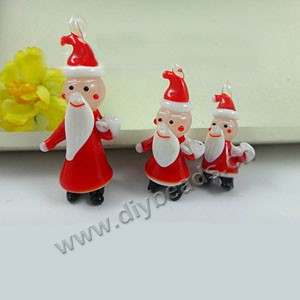 Charm, lampworked glass, red,yellow,blue,turquoise blue 4 colors to option, 35x17mm Santa with hat and bag. Sold per pkg of 100.