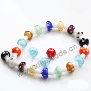 Bead, lampworked glass, mixed colors, 12x14mm mushroom. Sold per pkg of 200 beads.