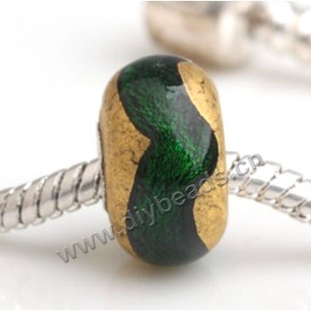 Bead, big-hole beads,Lampworked glass and silver-plated brass grommet,gold with stripe,14x7mm rondelle with 4.5 mm hole,sold per pkg of 50ps