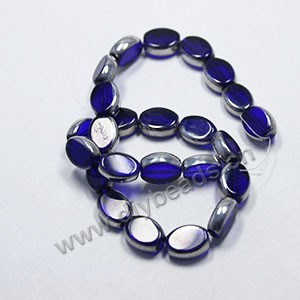 Bead ,golden-plated glass, royal blue, 13x10mm flat oval. Sold per pkg of ten 31cm strand.