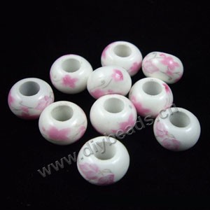 Bead, decal porcelain, white and pink, 15x10mm rondelle with flower,5-6mm hole. Sold per pkg of 12.