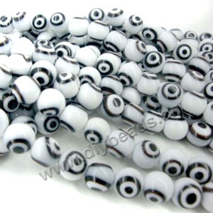 Bead , lampworked glass, opaque white, 10mm double-sided round with wards off the evil eye design. Sold per pkg of (4) 15-inch strand.