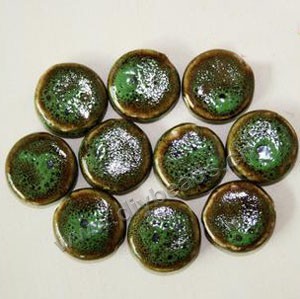 Bead, fancy glaze porcelain, honey and green, 20mm flat round. Sold per pkg of 30 beads 