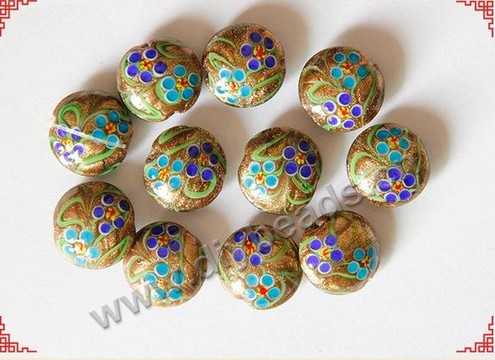 Bead, lampworked glass,Flat Round, Green with flower, 10.5mm*21.5mm. Sold per bag 20 pieces. 