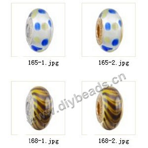Bead,big-hole beads ,lampworked glass with silver-finished brass grommets,mixed colors and designs,6x12mm-8x14mm rondelle ,4mm spiral hole,sold per pkg of 10ps