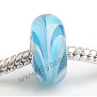 Bead, big-hole beads,Lampworked glass and 925 sterling silver grommet,blue with flower, 14x7mm rondelle with 4.5 mm hole,sold per pkg of 50ps