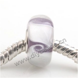 Bead, big-hole beads,Lampworked glass and 925 sterling silver grommet, white with flower, 14x7mm rondelle with 4.5 mm hole,sold per pkg of 50ps