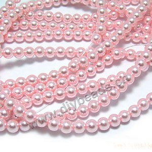 Bead, glass beads, glass pearl beads, pink, 8mm round beads.32 inch length. Sold per pkg of 10 strands strands.