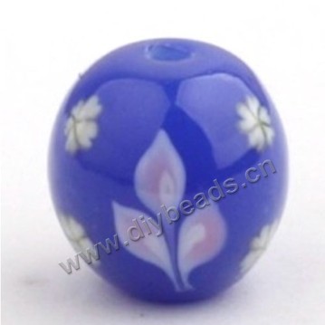 Bead, lampworked glass,purple with flower, 18x18mm round.mini order 50pc 