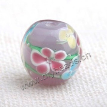 Bead,Japan lampworked glass,purple with flower, 16x16mm round.mini order 100pc 
