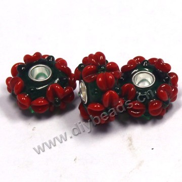 Bead,big-hole beads ,lampworked glass with silver-finished brass,16x10m rondelle,red,mini order 50pcs