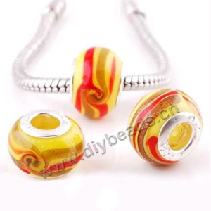 Bead,big-hole beads ,yellow/red,lampworked glass with silver-finished brass ,9x14mm rondelle with 5mm hole,sold per pkg of 10