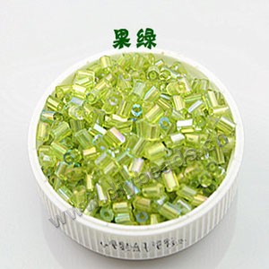 Bugle bead, glass,rainbow ,lime green ,#1(2x2mm) beads. Sold per pkg of 80 grams,approximately 4,500ps.