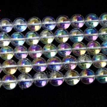 Bead,clear quartz crystal (natural),coated AB , 12mm round . Sold per 16-inch strand