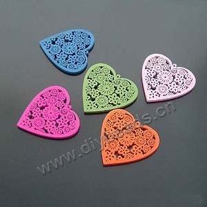 Focal mix, wood, mixed colors, 45mm heart with carved flower. Sold per pkg of 5 bags