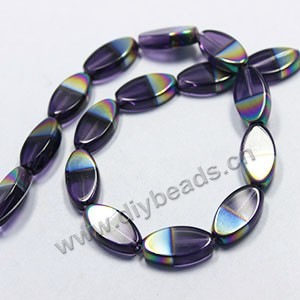 Bead ,silver-plated glass, purple, 19x10mm flat oval. Sold per pkg of ten 31cm strand.
