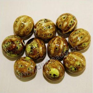 Bead , fancy glaze porcelain,yellow, 14mm fluted round. Sold per pkg of 30 beads. 