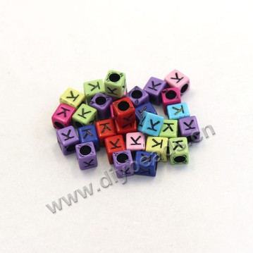 Bead, acrylic,mixed color,alphabet is K, 6x6mm cube with 3mm drill hole. Sold per pkg of 100ps