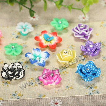 Bead, polymer clay,mixed color with rhinestone,20x10mm flower. Sold per pkg of 5.