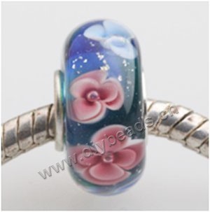 Bead, big-hole beads,	Lampworked glass and silver-plated brass grommet,Purple with flower, 14x7mm rondelle with 4.5 mm hole,sold per pkg of 50ps