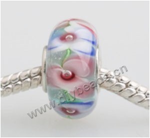 Bead, big-hole beads,	Lampworked glass and silver-plated brass grommet,pink with flower, 14x7mm rondelle with 4.5 mm hole,sold per pkg of 50ps