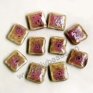 Bead , fancy glaze porcelain,honey and pink, 16x16mm flat square. Sold per pkg of 30 beads. 