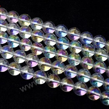 Bead,clear quartz crystal (natural), coated AB ,10mm round. Sold per 16-inch strand