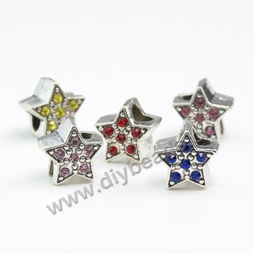 Bead,big-hole bead,alloy,Multicolored star with cz stone,Sold per pkg of 10ps