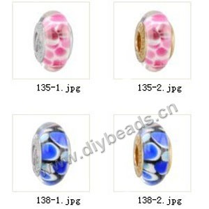 Bead,big-hole beads ,lampworked glass with silver-finished brass grommets,mixed colors and designs,6x12mm-8x14mm rondelle ,4mm spiral hole,sold per pkg of 10ps