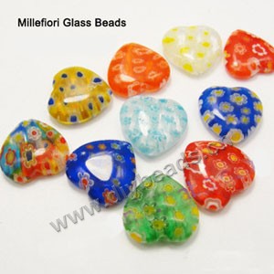 bead,millefiori glass,multicolored ,16x16x4mm flat heart,approximately 23ps/strand 