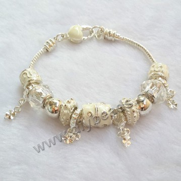 Bracelet,alloy and lampwork glass,white,large hole beads,Sold per package of 1 piece