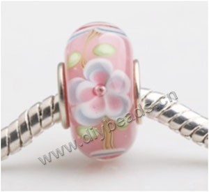 Bead, big-hole beads,Lampworked glass and 925 sterling silver grommet,pink with flower, 14x7mm rondelle with 4.5 mm hole,sold per pkg of 50ps