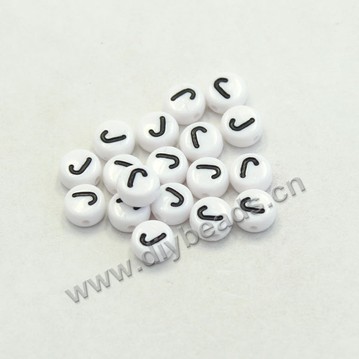 Bead mix, acrylic, white with black alphabet J, 7x4mm double-sided flat round with 1.2mm drill hole. Sold per pkg of 100ps