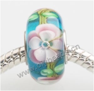 Bead, big-hole beads,Lampworked glass and 925 sterling silver grommet,blue with flower, 14x7mm rondelle with 4.5 mm hole,sold per pkg of 50ps