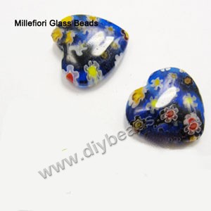 bead,millefiori glass,cobalt blue/yellow/red/white ,12x12x4mm flat heart,approximately 31ps/strand 