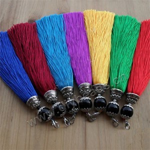 Tassel, silk (imitation) , assorted colors, 5-1/2 inches with silver-plated alloy flower bead cap and 14mm acrylic beads. Sold per pkg of 100.
