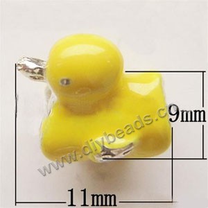 Charm, big-hole beads,pewter and enameled , yellow, 9x11mm double-side duck, 6mm hole. Sold per pkg of 10ps