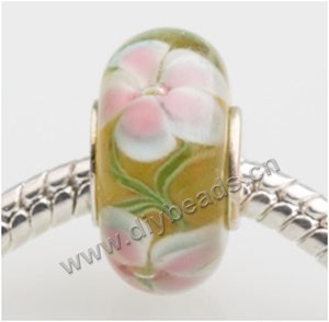 Bead, big-hole beads,Lampworked glass and 925 sterling silvergrommet,yellow with flower, 14x7mm rondelle with 4.5 mm hole,sold per pkg of 50ps