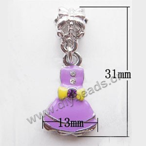 Charm, big-hole beads, silver-plated pewter  and enamel, purple, 13x31mm skirt  with rhinestone,and 4.5mm hole. Sold per pkg of 10ps